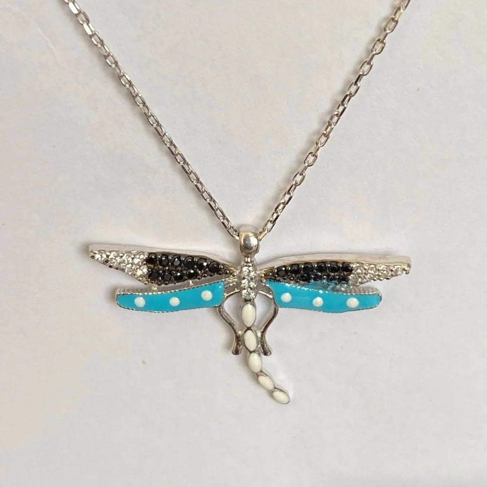 925 Silver dragonfly necklace blue enamel clear / black cubic zirconia cz stones